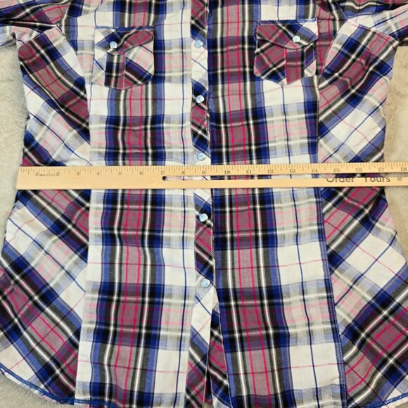 Adiktd Western Top Womens Medium Pink Blue Plaid Embellished Rhinestone Yoke - Picture 10 of 16